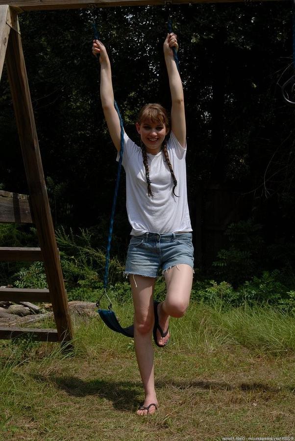 16P Petite And Hairy Amateur Girl In Pigtails Nude Outdoors