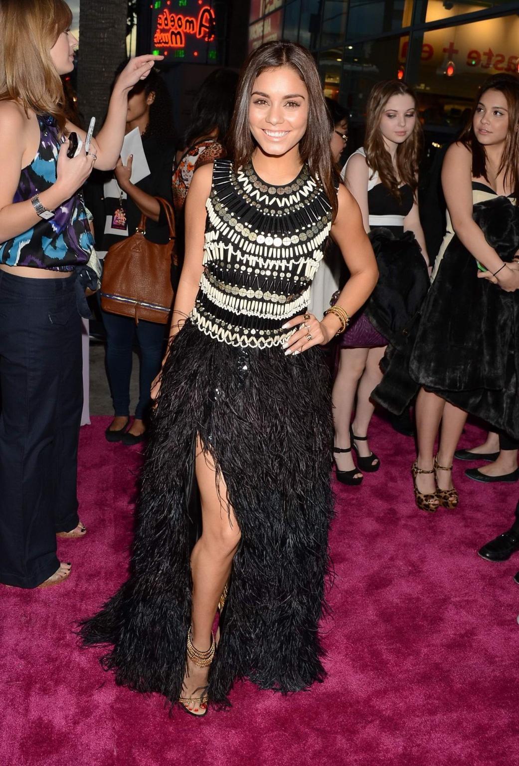 16P Vanessa Hudgens leggy wearing an African designed high slit dress at Spring Brea
