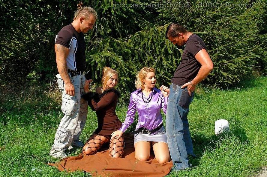 16P Horny babes seduce two regular guys to outdoor groupsex
