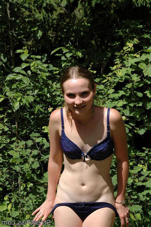 12P Slim sexy girl in lingerie disrobes for outdoor pissing