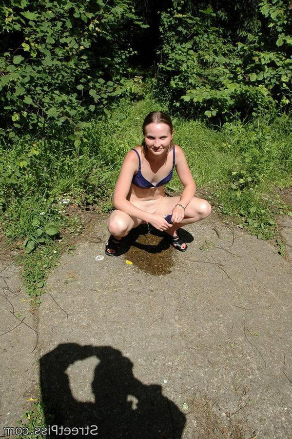 12P Slim sexy girl in lingerie disrobes for outdoor pissing