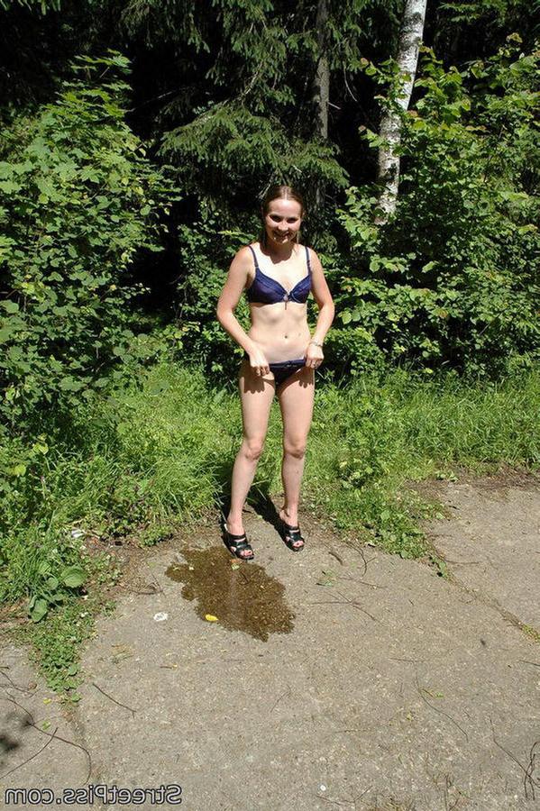 12P Slim sexy girl in lingerie disrobes for outdoor pissing