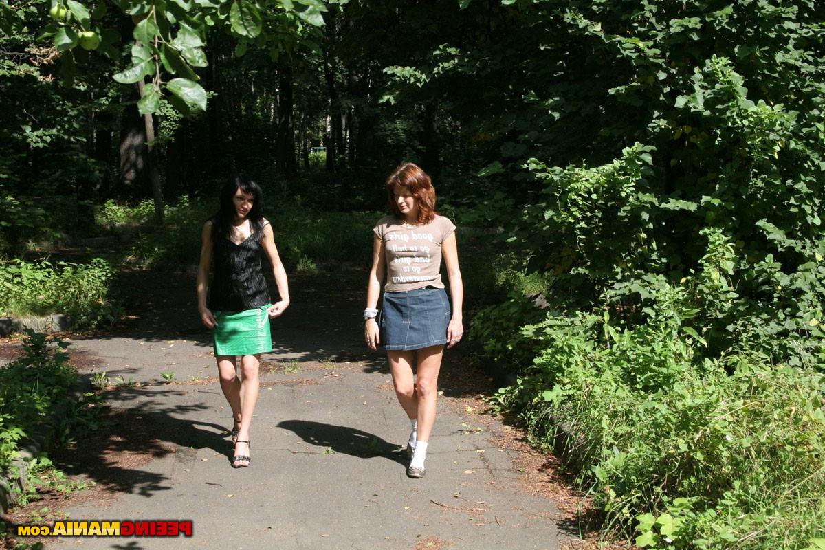 14P Girls with differently colored hairs pee on the street inside garden