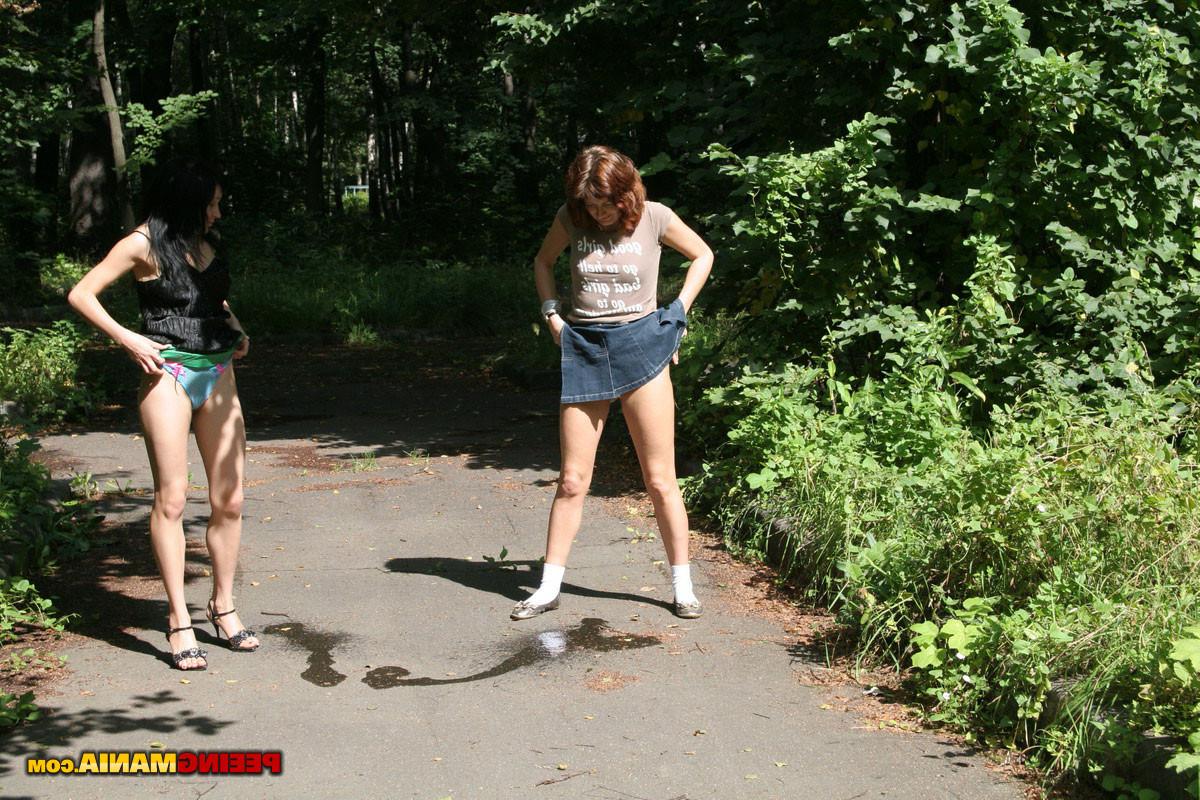 14P Girls with differently colored hairs pee on the street inside garden