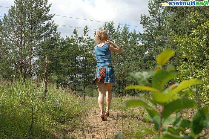 16P Cute blonde teenie gets naked and pees outdoors in the woods