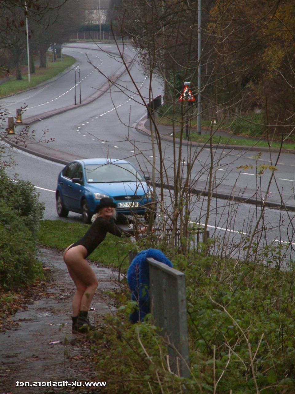 16P British teen blonde Chaos flashing naked pussy and nipples outdoors in public at