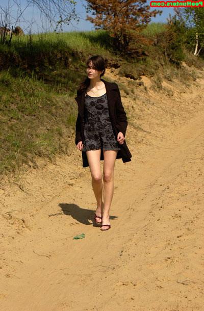 16P Brunette beauty drinking juice and peeing outdoors