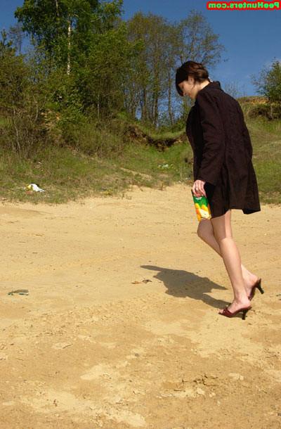 16P Brunette beauty drinking juice and peeing outdoors