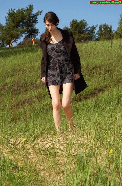 16P Brunette beauty drinking juice and peeing outdoors