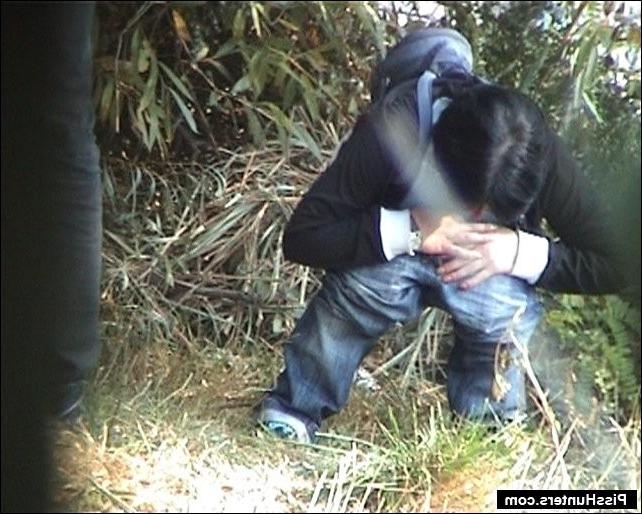 16P Babe with shaved pussy watched by a voyeur while peeing outdoors