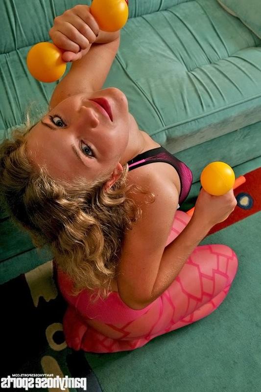 12P Gorgeous blonde gal has pantyhose sport fun