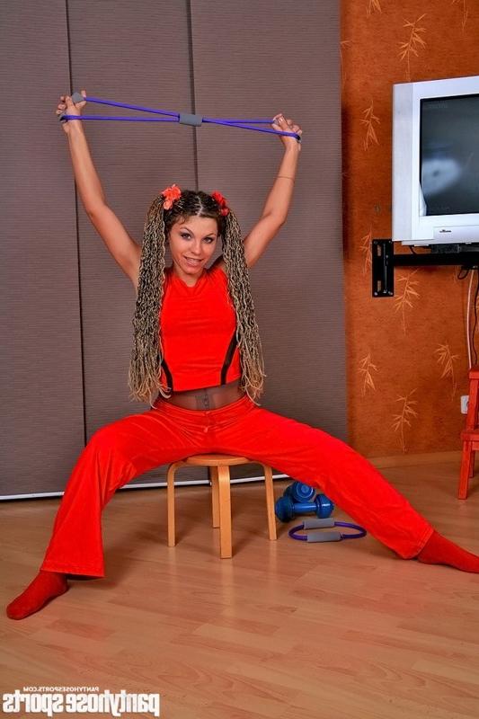 12P Longhaired Adeline does exercises in pantyhose