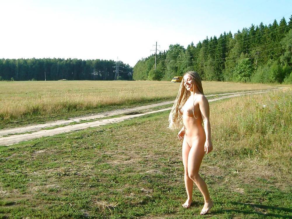 25P Blonde amateur girl in forest and public naked