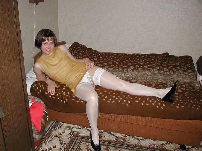 10P Mature amateur wife in shiny white stockings
