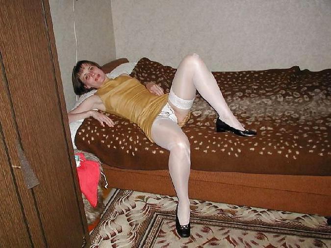 10P Mature amateur wife in shiny white stockings