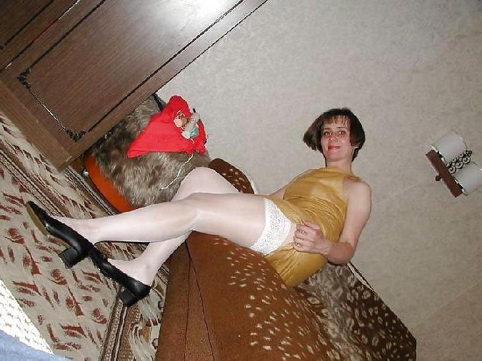 10P Mature amateur wife in shiny white stockings