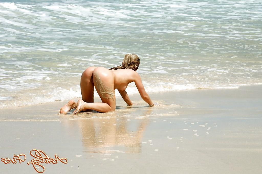 16P Hot blonde first timer Ashley Fires spreading long legs outdoors in ocean