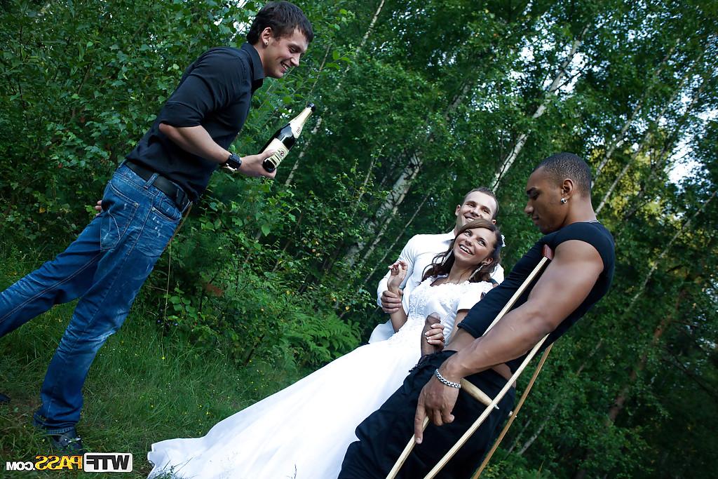 16P Promiscuous bride enjoys a hardcore foursome with well-hung guys outdoor