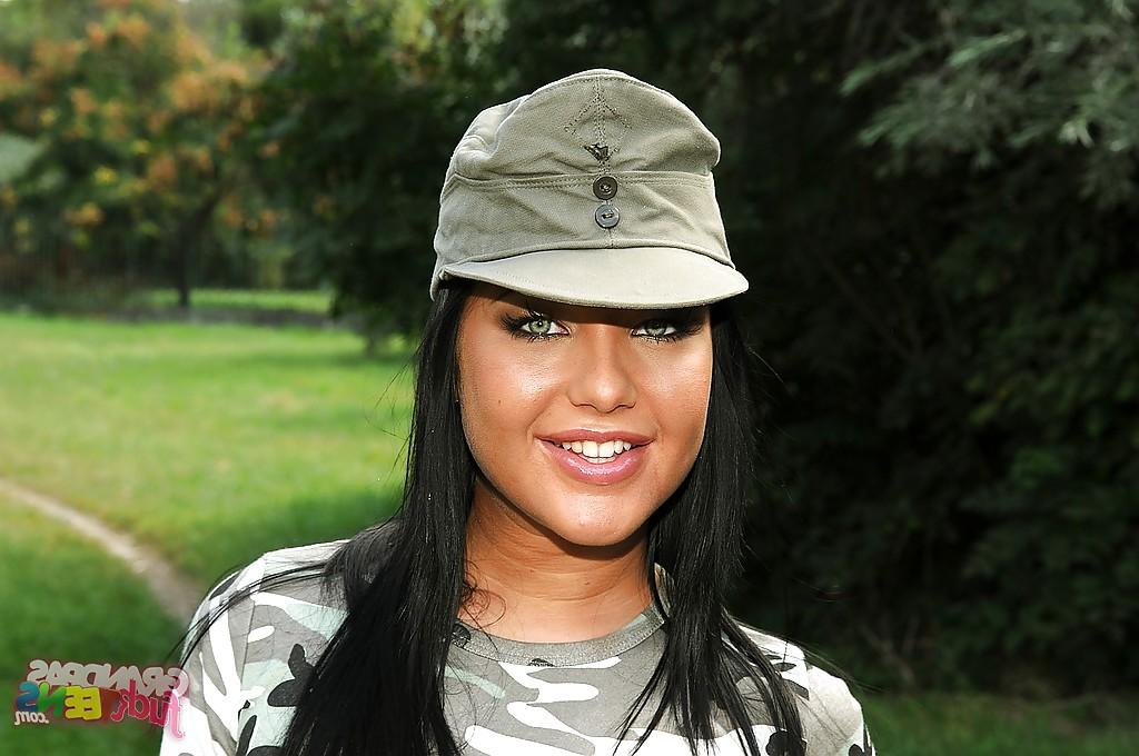 16P Hot babe in army uniform Angelica Heart flashing her tits and pussy outdoor