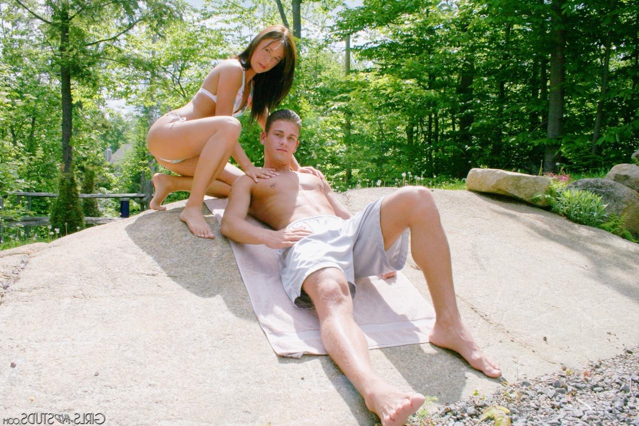 15P Tiny titted Angie B sucking cock outdoors & getting cum on hard nipples