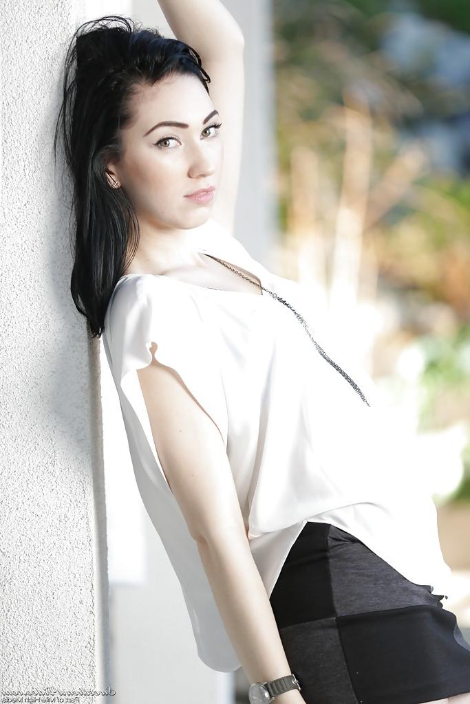 16P Petite brunette babe Aria Alexander posing fully clothed outdoors