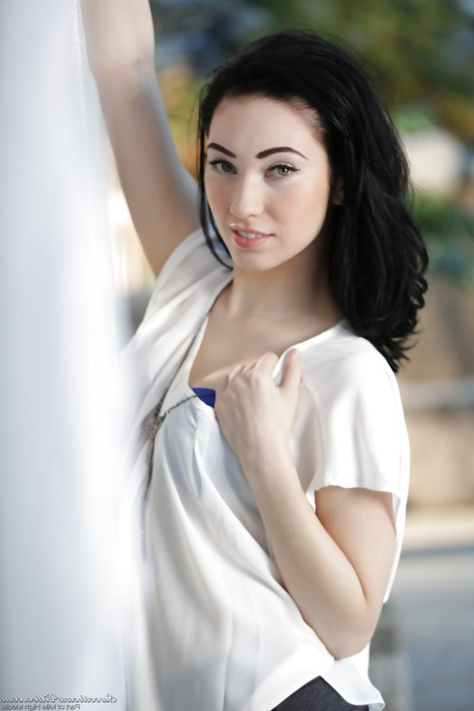 16P Petite brunette babe Aria Alexander posing fully clothed outdoors