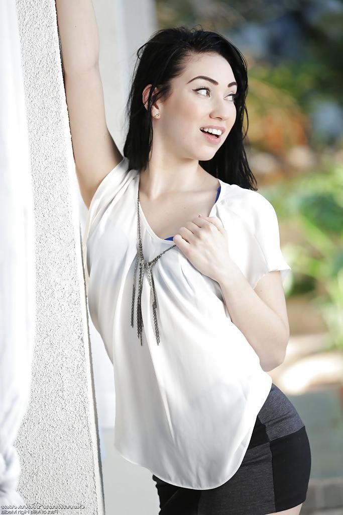 16P Petite brunette babe Aria Alexander posing fully clothed outdoors