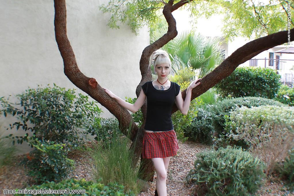 16P Tattooed blonde girl Symone posing non nude outdoors in pleated skirt