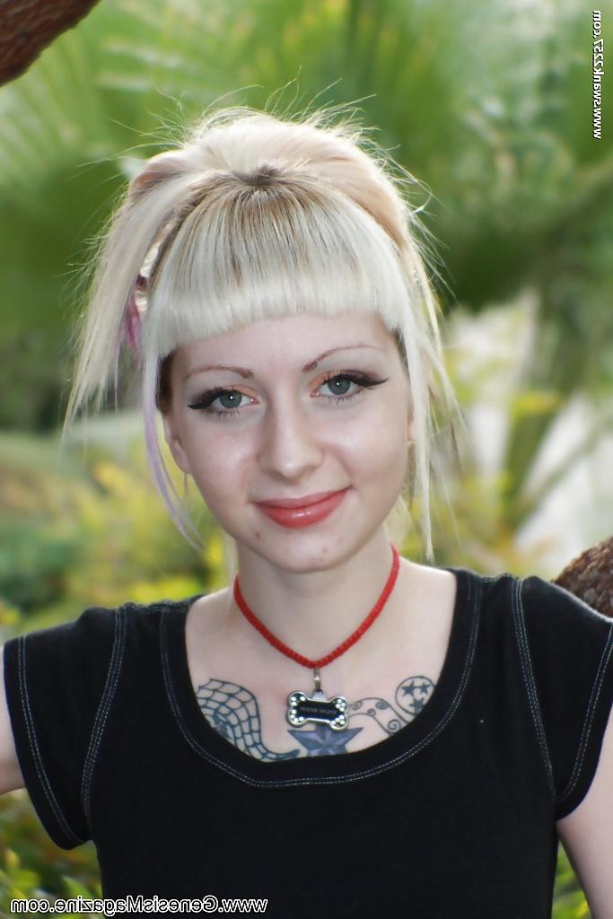 16P Tattooed blonde girl Symone posing non nude outdoors in pleated skirt