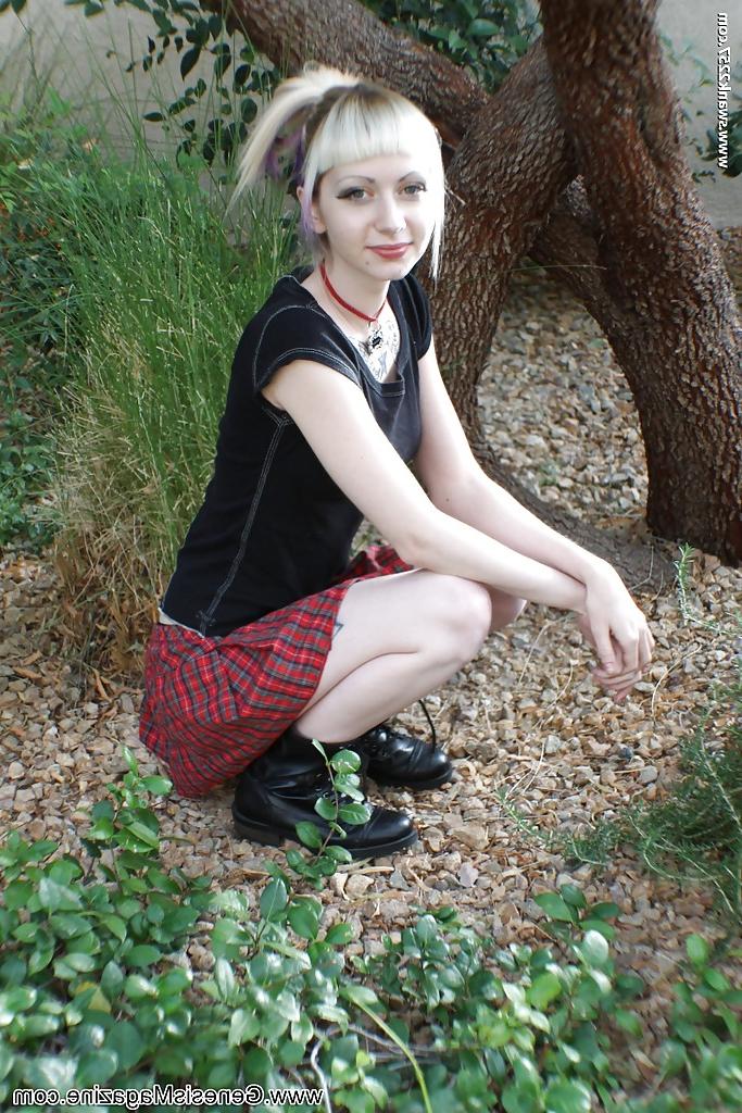 16P Tattooed blonde girl Symone posing non nude outdoors in pleated skirt