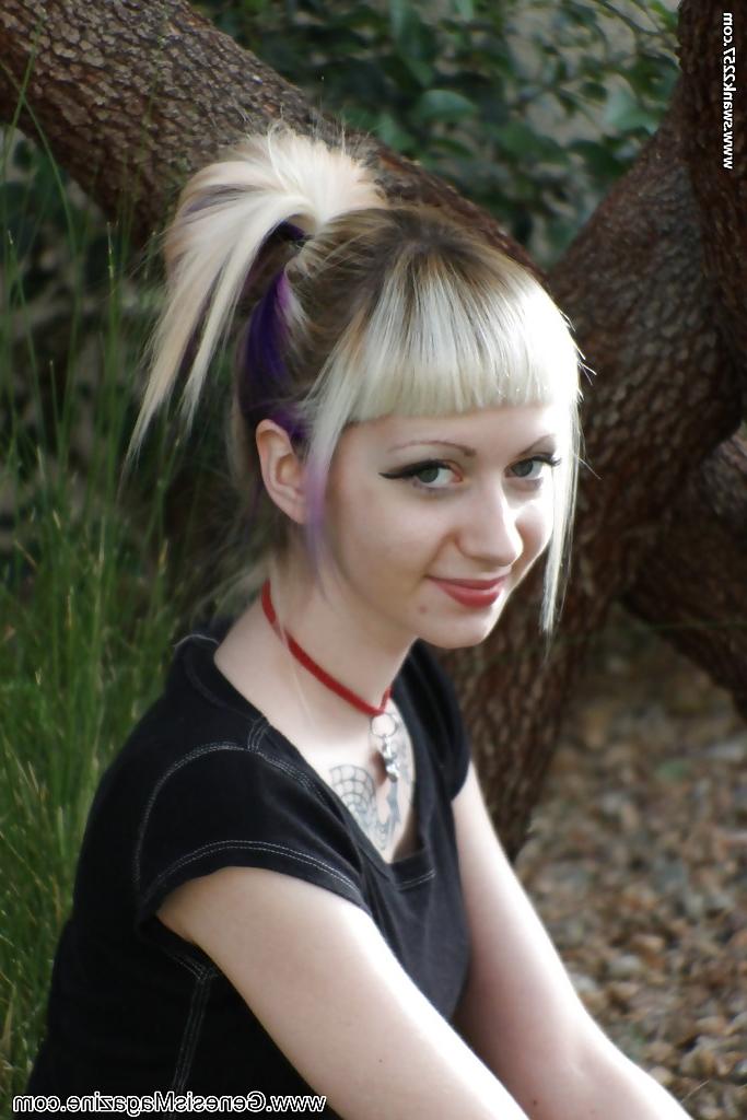 16P Tattooed blonde girl Symone posing non nude outdoors in pleated skirt