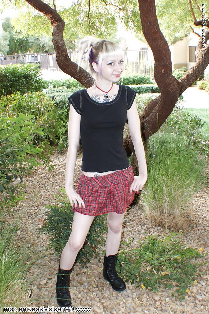 16P Tattooed blonde girl Symone posing non nude outdoors in pleated skirt