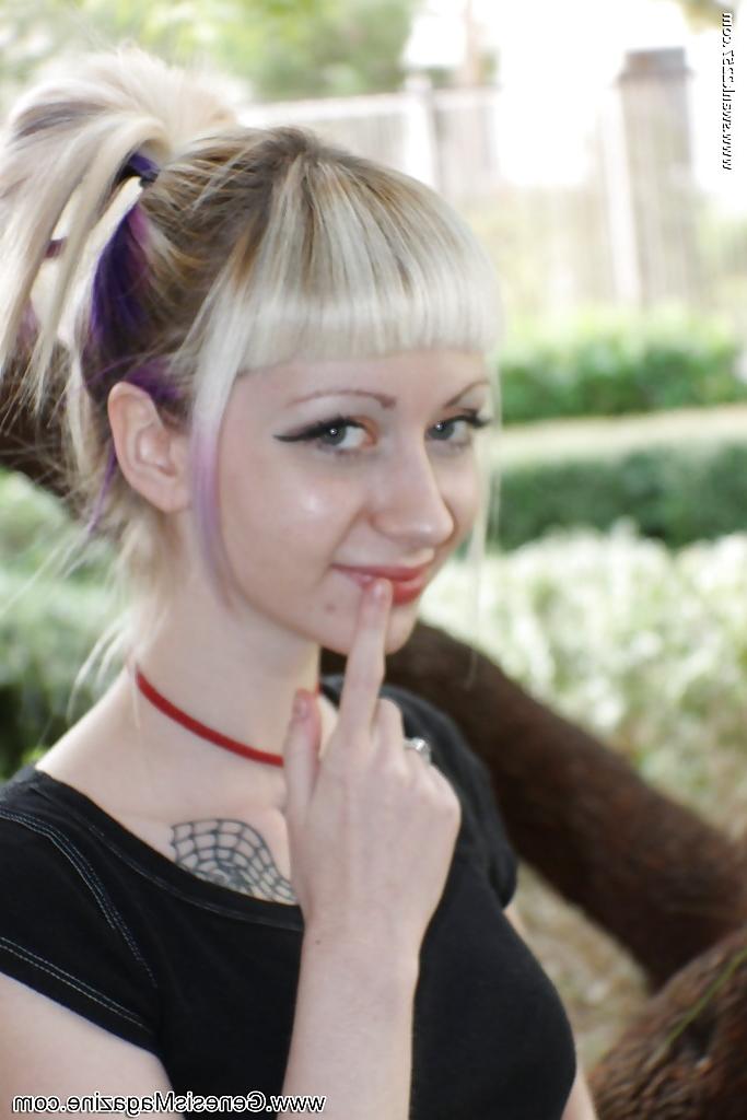 16P Tattooed blonde girl Symone posing non nude outdoors in pleated skirt