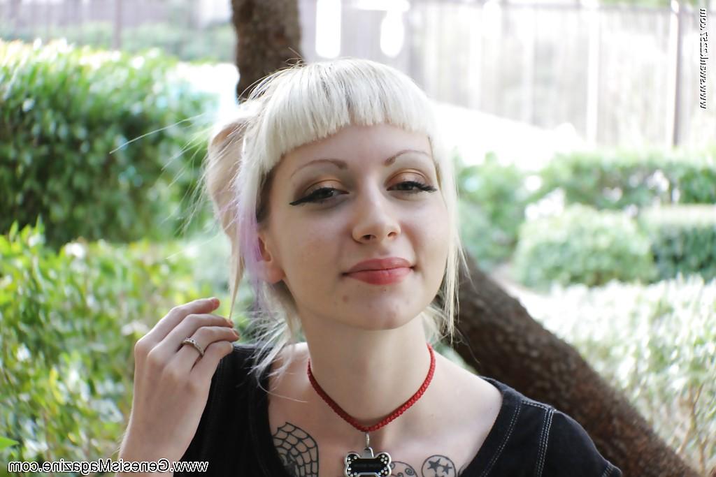 16P Tattooed blonde girl Symone posing non nude outdoors in pleated skirt
