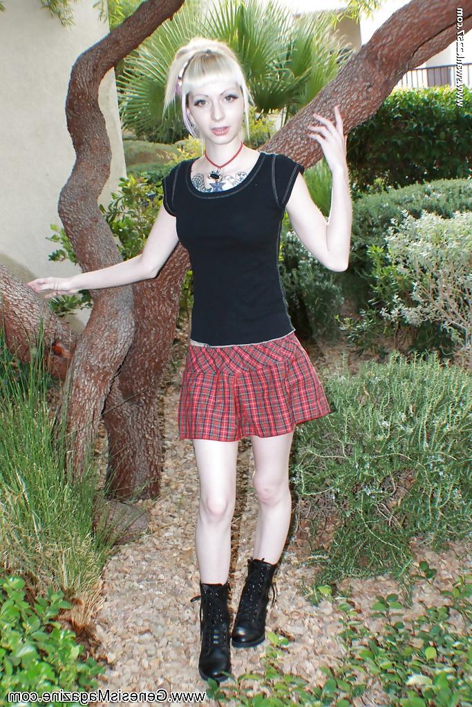 16P Tattooed blonde girl Symone posing non nude outdoors in pleated skirt