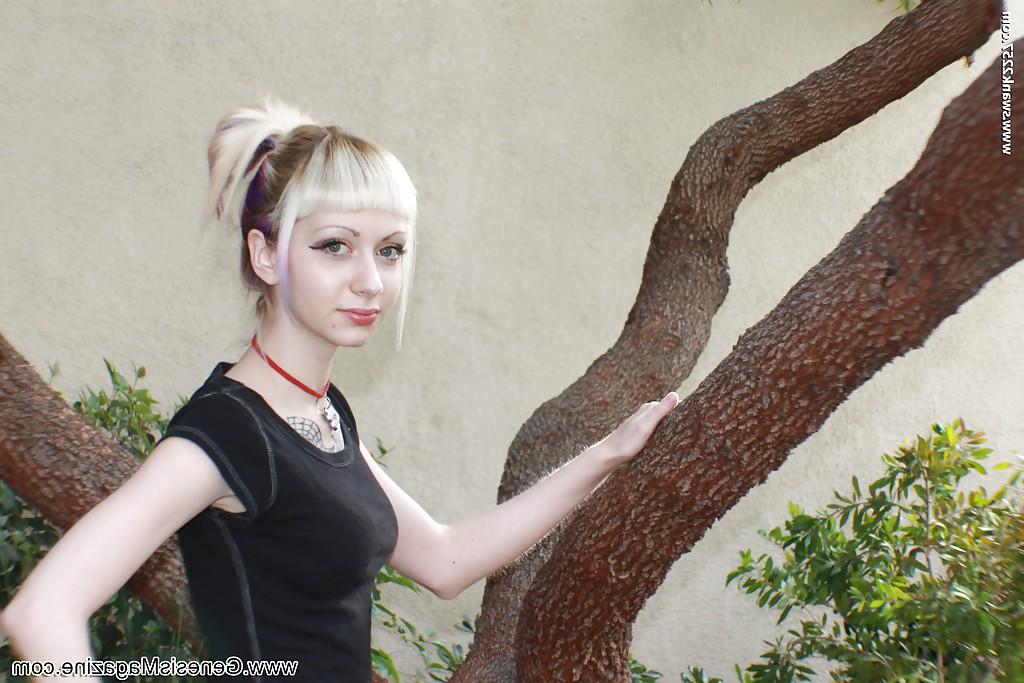16P Tattooed blonde girl Symone posing non nude outdoors in pleated skirt