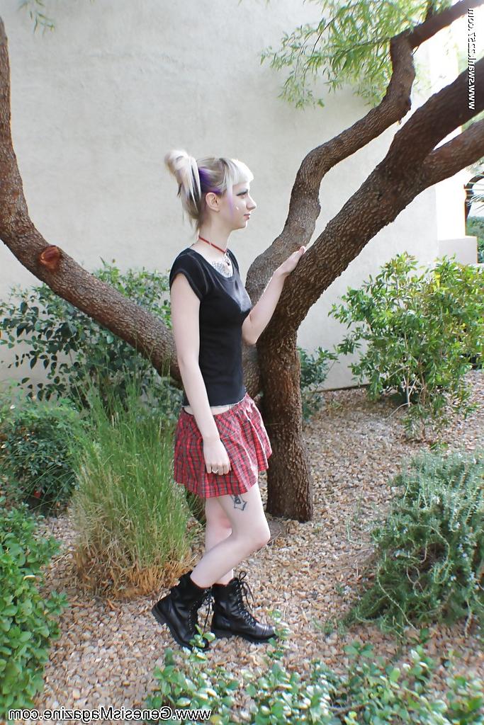 16P Tattooed blonde girl Symone posing non nude outdoors in pleated skirt