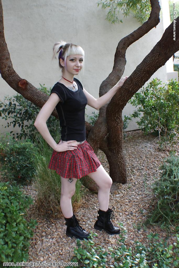 16P Tattooed blonde girl Symone posing non nude outdoors in pleated skirt