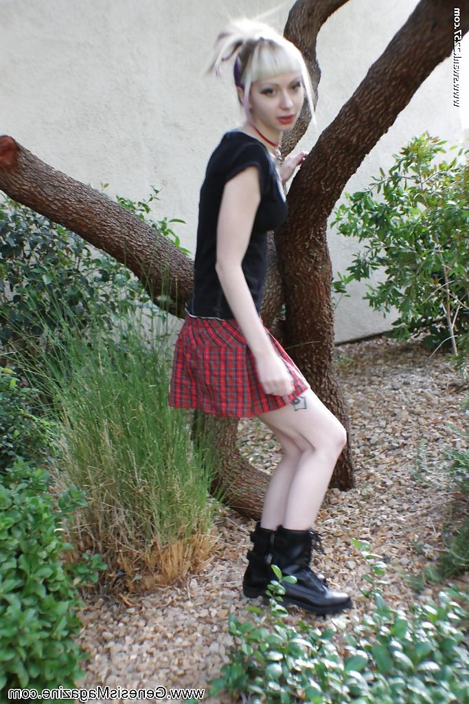 16P Tattooed blonde girl Symone posing non nude outdoors in pleated skirt