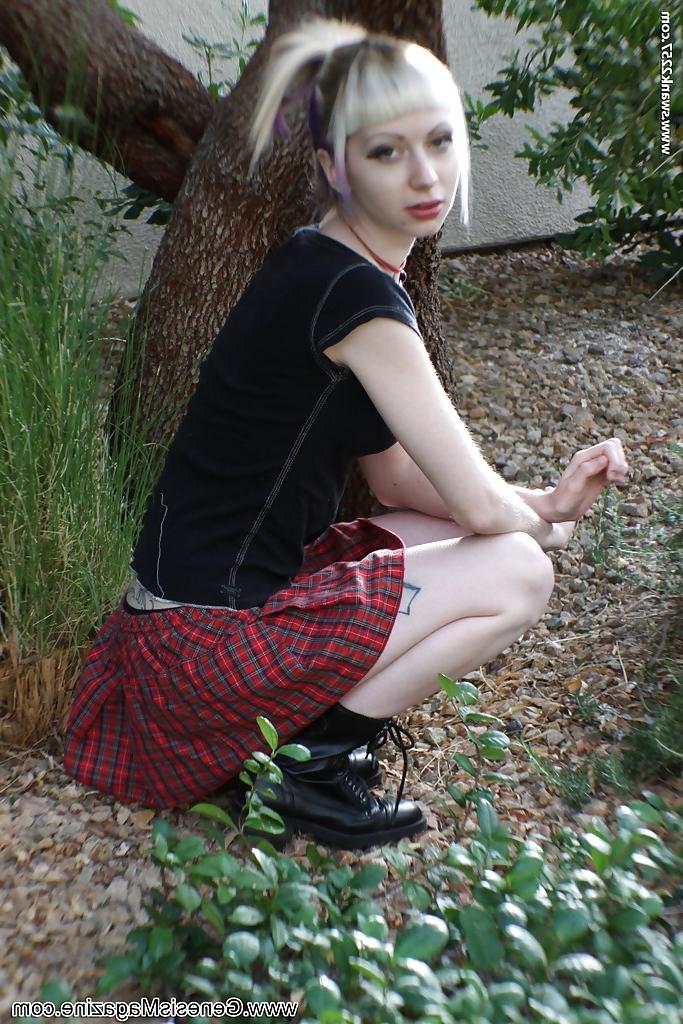 16P Tattooed blonde girl Symone posing non nude outdoors in pleated skirt