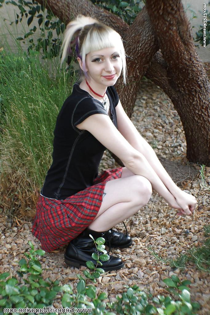 16P Tattooed blonde girl Symone posing non nude outdoors in pleated skirt