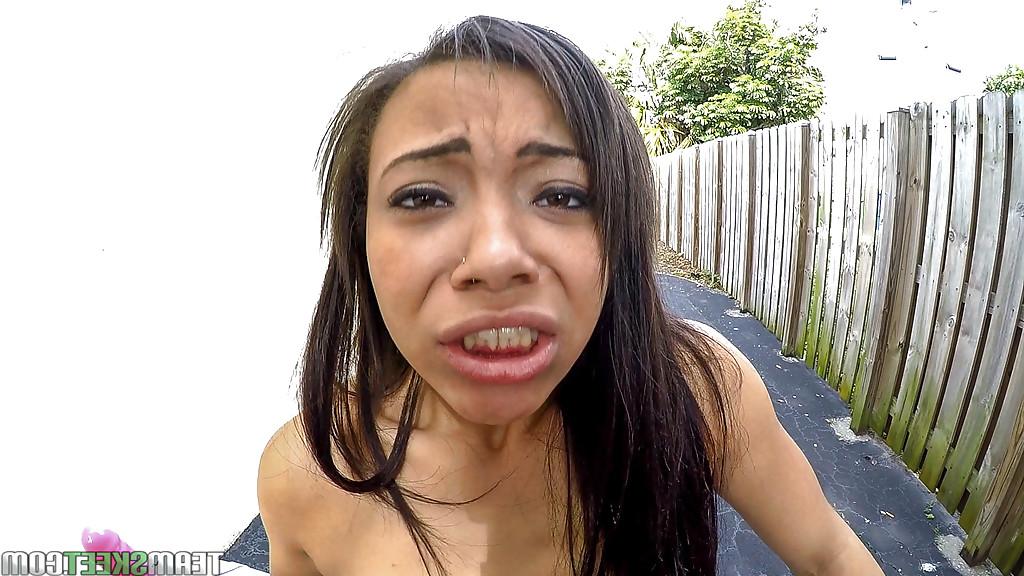 16P Teen slut Adrian Maya swallows jizz for cold hard cash outdoors