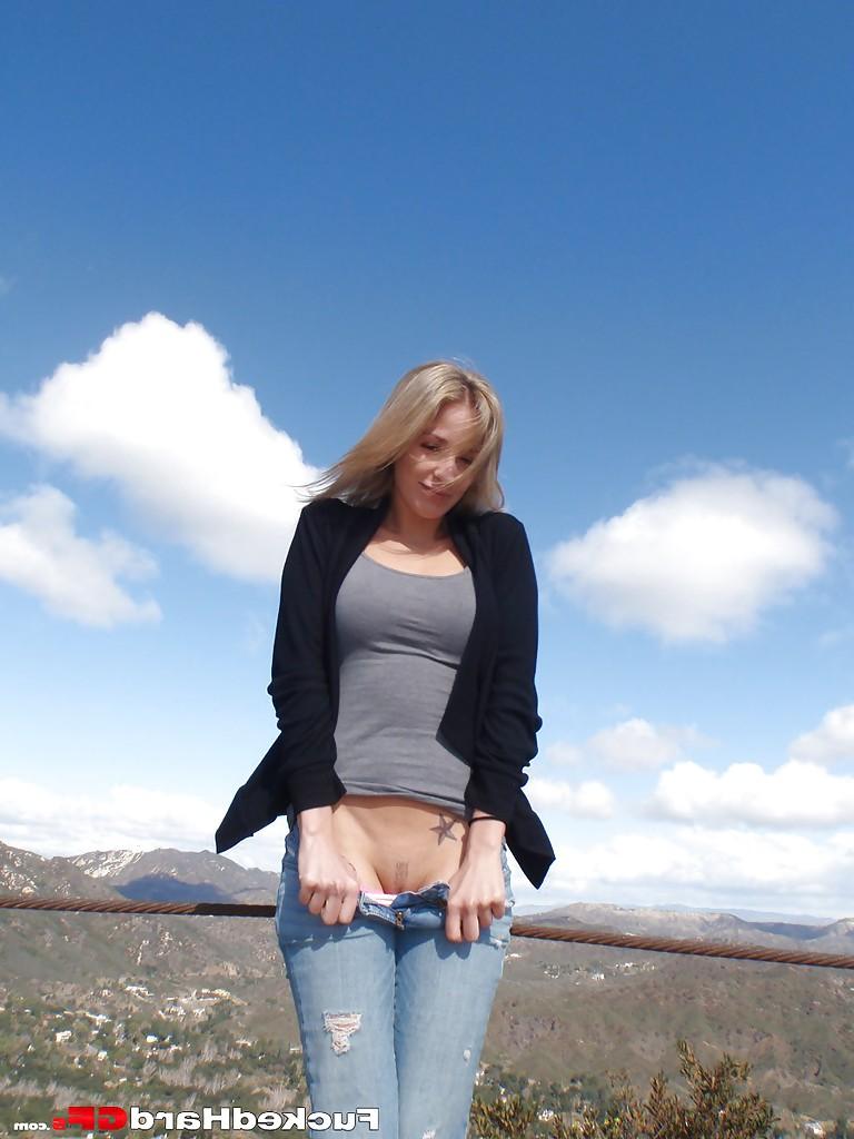16P Lovely amateur teen blonde stripping and teasing her cunt outdoor