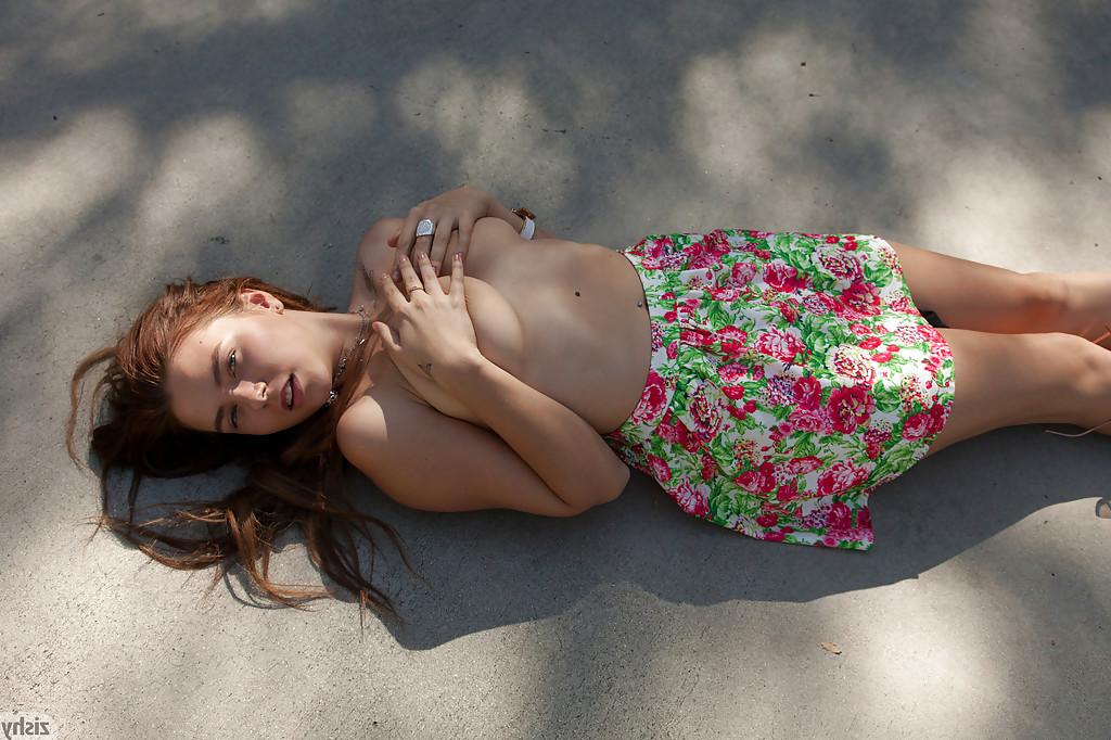 12P European hottie Marina Visconti heads outdoors to flash panties and breasts