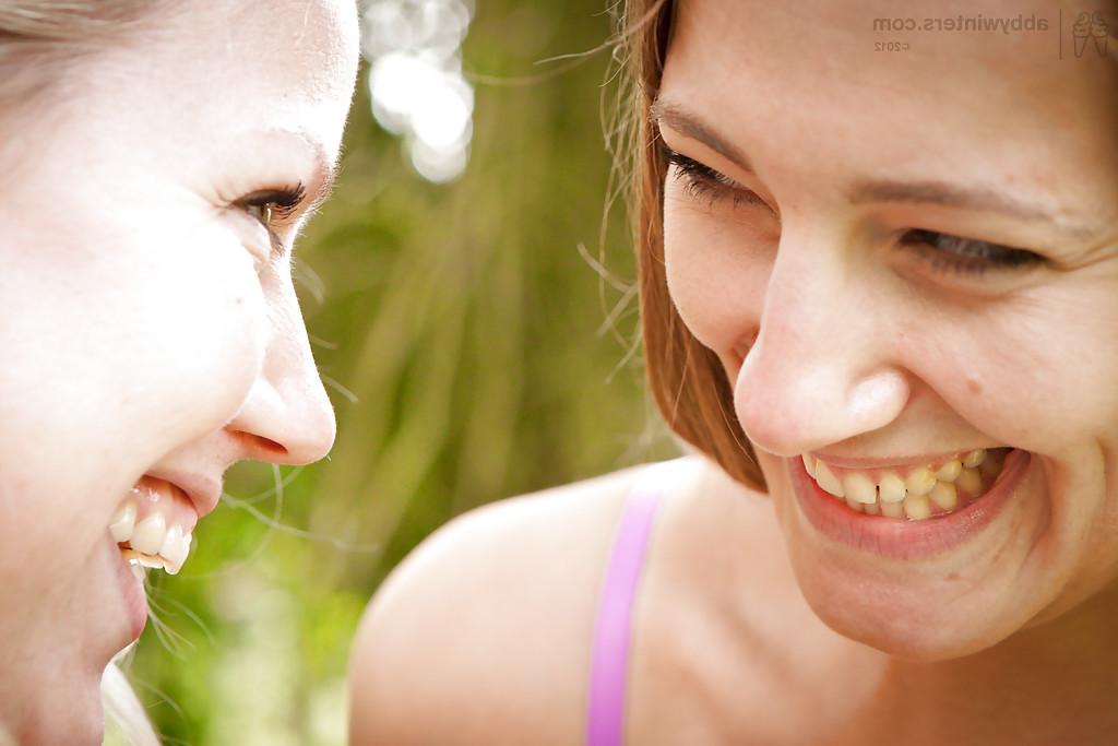 16P Blonde lesbians Marleen S and Misha share sexy tongue kiss outdoors