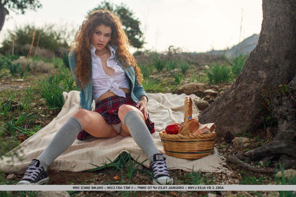 18P Leggy teen glamour babe Adel C modeling outdoors in knee socks and panties