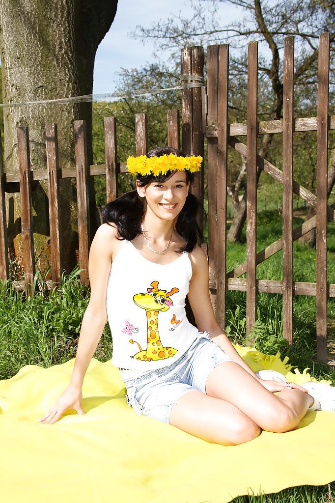 16P Sweet brunette teen Amanda undressing her clothes outdoors