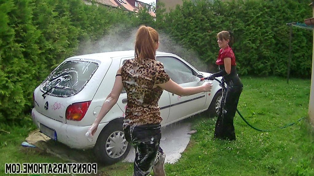 16P Naughty pornstars have some wet fully clothed car washing fun outdoor