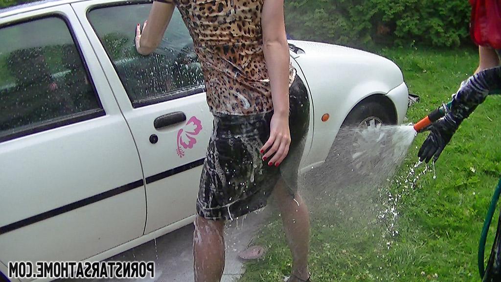 16P Naughty pornstars have some wet fully clothed car washing fun outdoor