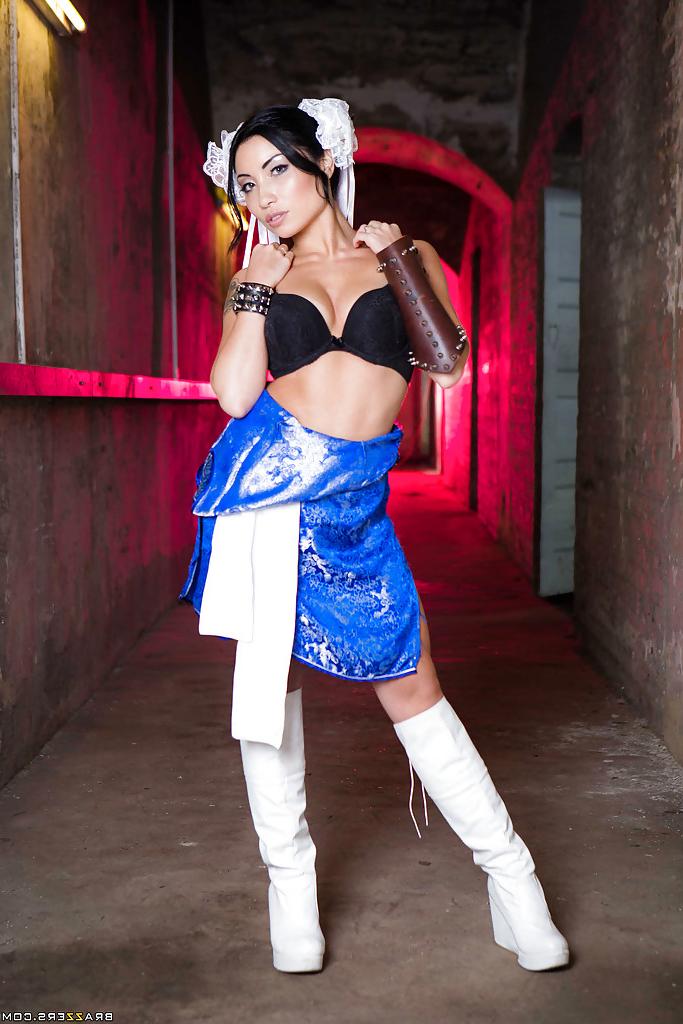 16P Asian solo girl Lily Love freeing small tits from cosplay uniform outdoors